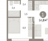 1-комн, 35кв м, этаж 2/15 улица Аэропорт, 90